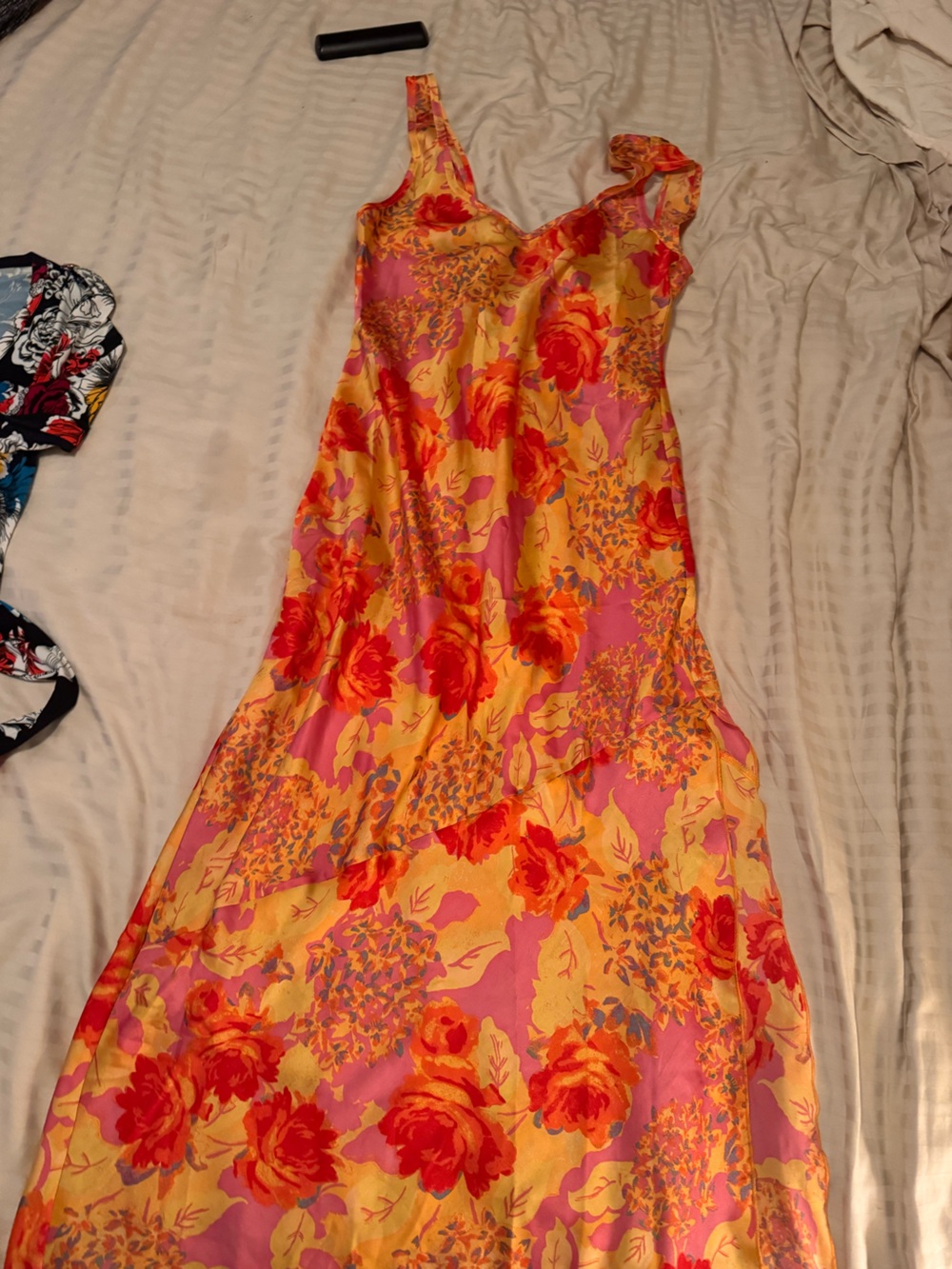 Free People Pink & Yellow Floral Satin Slip Dress
